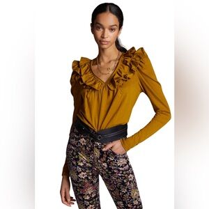 Anthropologie Ruffle Down V Neck Blouse Holly Gold Brown